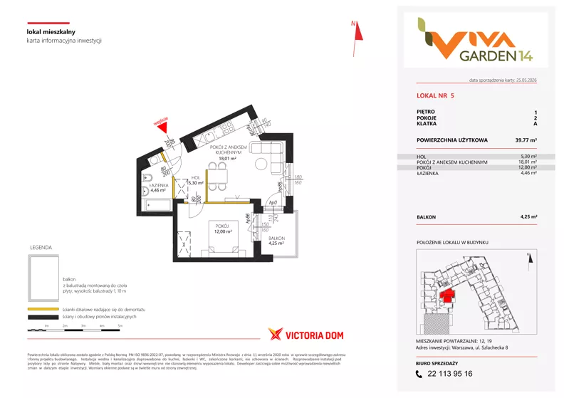 2 pokoje, mieszkanie 39,77 m², piętro 1, oferta nr 5, Viva Garden 14, Warszawa, Białołęka, Brzeziny, ul. Szlachecka 8