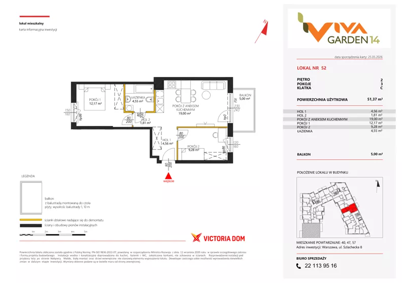 3 pokoje, mieszkanie 51,37 m², piętro 2, oferta nr 52, Viva Garden 14, Warszawa, Białołęka, Brzeziny, ul. Szlachecka 8