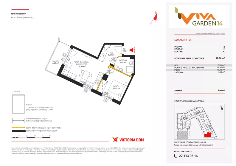 2 pokoje, mieszkanie 40,36 m², piętro 3, oferta nr 54, Viva Garden 14, Warszawa, Białołęka, Brzeziny, ul. Szlachecka 8