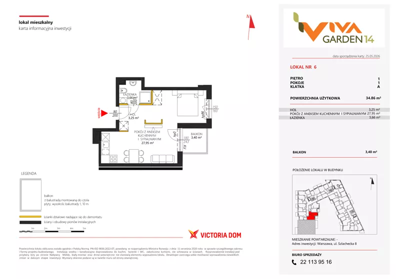 1 pokój, mieszkanie 34,86 m², piętro 1, oferta nr 6, Viva Garden 14, Warszawa, Białołęka, Brzeziny, ul. Szlachecka 8