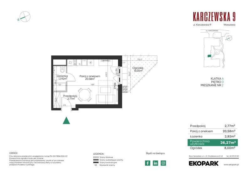 1 pokój, mieszkanie 26,27 m², parter, oferta nr 2, Karczewska 9, Warszawa, Praga Południe, Grochów, ul. Karczewska 9