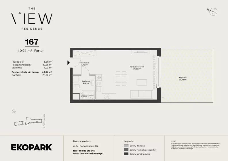 1 pokój, mieszkanie 40,94 m², parter, oferta nr 167, The View, Kraków, Dębniki, Ludwinów, ul. Marii Konopnickiej 35