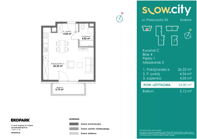 1 pokój, mieszkanie 34,80 m², piętro 1, oferta nr C4-5, Slow City - Etap C, Kraków, Prądnik Biały, ul. Piaszczysta 33 - 35