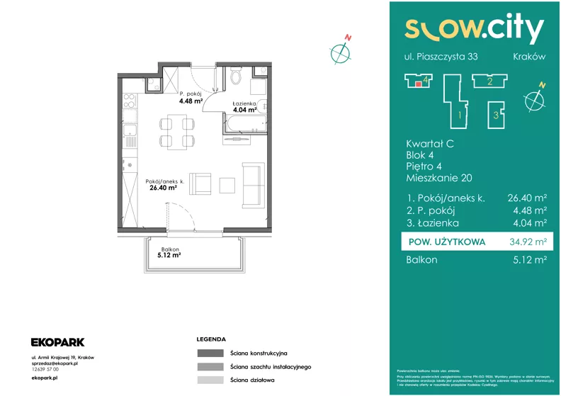 1 pokój, mieszkanie 34,92 m², piętro 4, oferta nr C4-20, Slow City - Etap C, Kraków, Prądnik Biały, ul. Piaszczysta 33 - 35