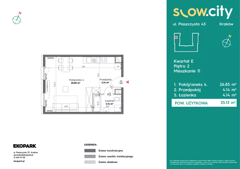 1 pokój, mieszkanie 35,13 m², piętro 2, oferta nr E-11, Slow City - Etap E, Kraków, Prądnik Biały, ul. Piaszczysta 43
