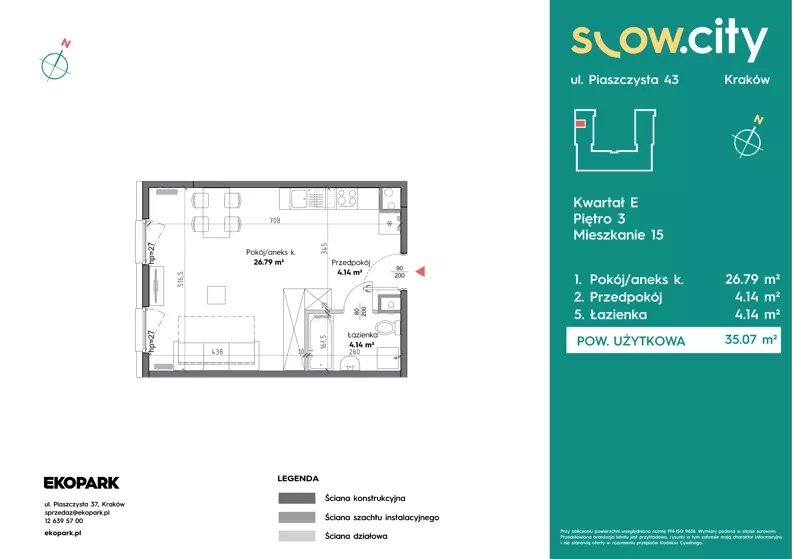 1 pokój, mieszkanie 35,07 m², piętro 3, oferta nr E-15, Slow City - Etap E, Kraków, Prądnik Biały, ul. Piaszczysta 43