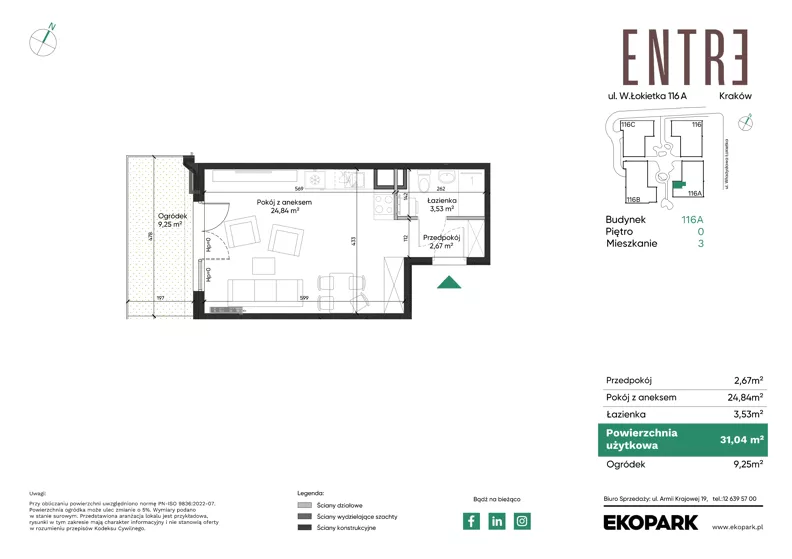 1 pokój, mieszkanie 31,04 m², parter, oferta nr 116A-M03, Entre, Kraków, Prądnik Biały, ul. Władysława Łokietka 116