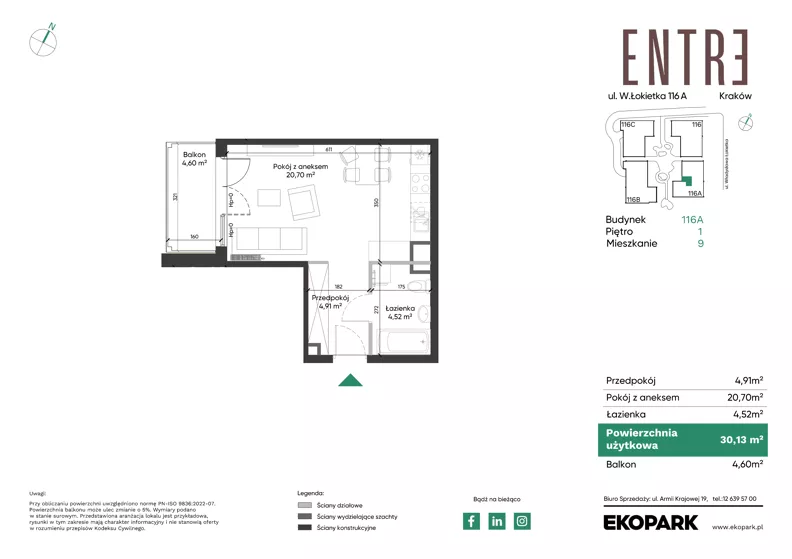1 pokój, mieszkanie 30,13 m², piętro 1, oferta nr 116A-M09, Entre, Kraków, Prądnik Biały, ul. Władysława Łokietka 116