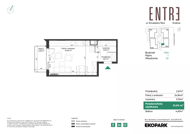 1 pokój, mieszkanie 31,04 m², piętro 1, oferta nr 116A-M10, Entre, Kraków, Prądnik Biały, ul. Władysława Łokietka 116