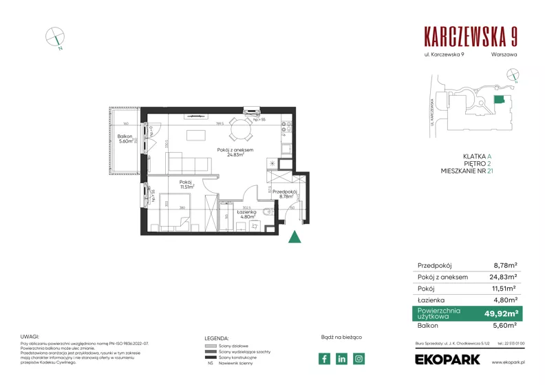 2 pokoje, mieszkanie 49,92 m², piętro 2, oferta nr 21, Karczewska 9, Warszawa, Praga Południe, Grochów, ul. Karczewska 9