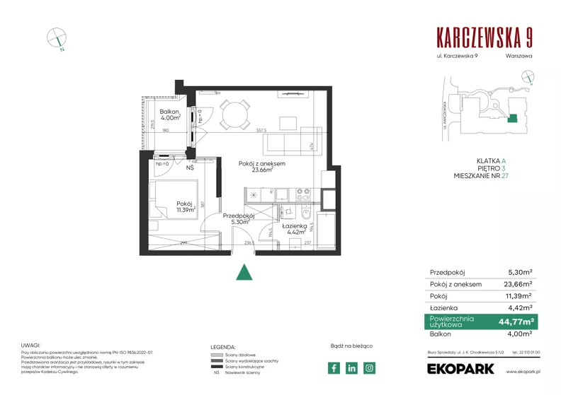 2 pokoje, mieszkanie 44,77 m², piętro 3, oferta nr 27, Karczewska 9, Warszawa, Praga Południe, Grochów, ul. Karczewska 9