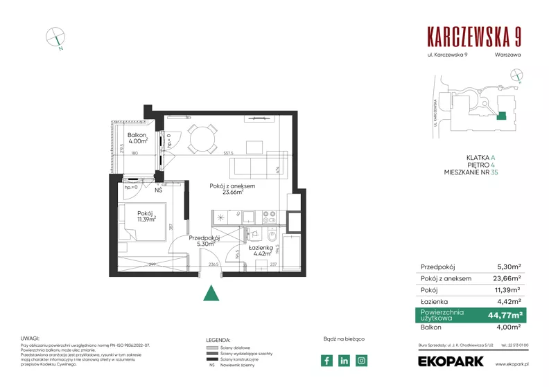 2 pokoje, mieszkanie 44,77 m², piętro 4, oferta nr 35, Karczewska 9, Warszawa, Praga Południe, Grochów, ul. Karczewska 9