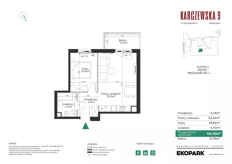 2 pokoje, mieszkanie 44,13 m², piętro 1, oferta nr 44, Karczewska 9, Warszawa, Praga Południe, Grochów, ul. Karczewska 9