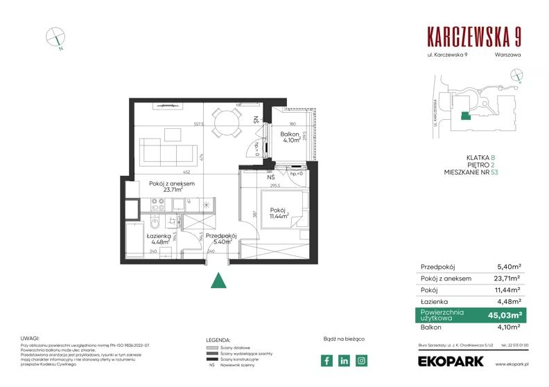 2 pokoje, mieszkanie 45,03 m², piętro 2, oferta nr 53, Karczewska 9, Warszawa, Praga Południe, Grochów, ul. Karczewska 9