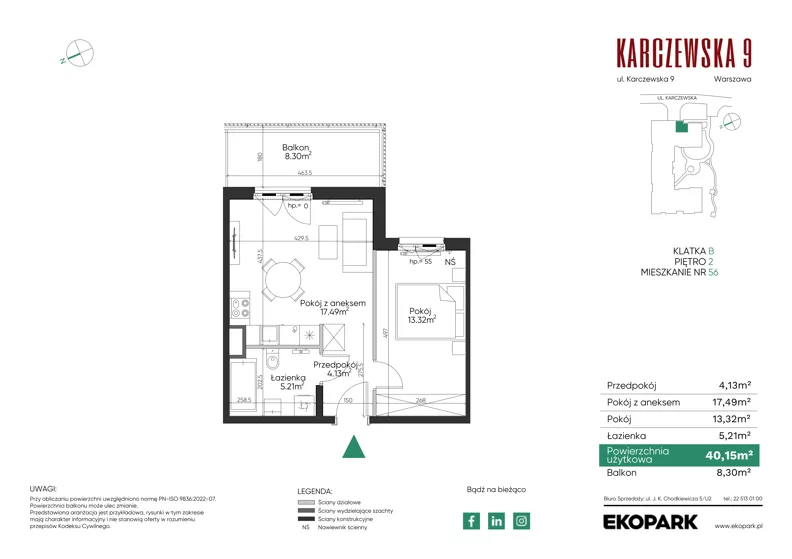 2 pokoje, mieszkanie 40,15 m², piętro 2, oferta nr 56, Karczewska 9, Warszawa, Praga Południe, Grochów, ul. Karczewska 9