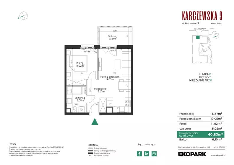 2 pokoje, mieszkanie 40,83 m², piętro 2, oferta nr 57, Karczewska 9, Warszawa, Praga Południe, Grochów, ul. Karczewska 9