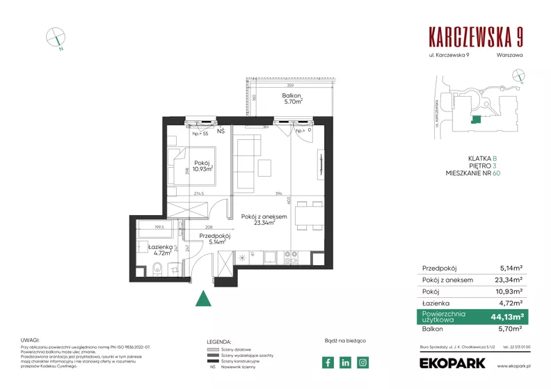 2 pokoje, mieszkanie 44,13 m², piętro 3, oferta nr 60, Karczewska 9, Warszawa, Praga Południe, Grochów, ul. Karczewska 9