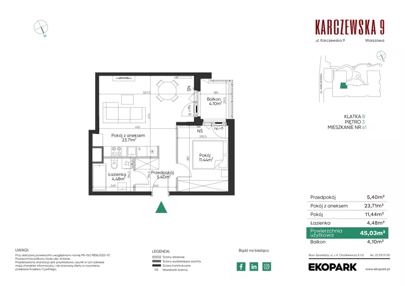 2 pokoje, mieszkanie 45,03 m², piętro 3, oferta nr 61, Karczewska 9, Warszawa, Praga Południe, Grochów, ul. Karczewska 9
