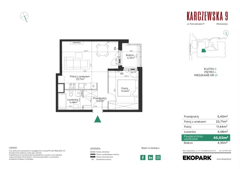 2 pokoje, mieszkanie 45,03 m², piętro 4, oferta nr 69, Karczewska 9, Warszawa, Praga Południe, Grochów, ul. Karczewska 9