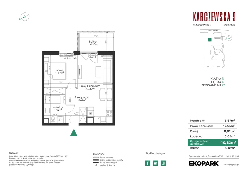 2 pokoje, mieszkanie 40,83 m², piętro 4, oferta nr 72, Karczewska 9, Warszawa, Praga Południe, Grochów, ul. Karczewska 9