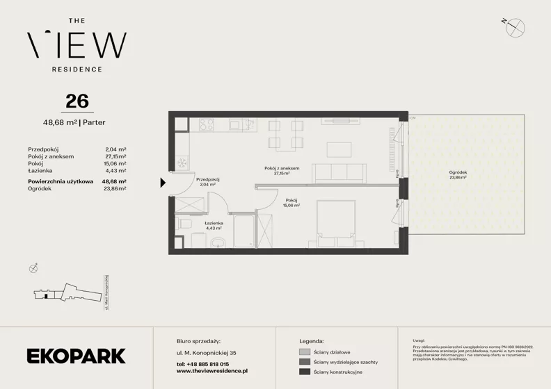 2 pokoje, mieszkanie 48,68 m², parter, oferta nr 26, The View, Kraków, Dębniki, Ludwinów, ul. Marii Konopnickiej 35