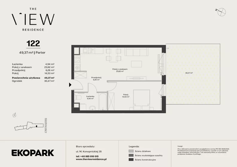 2 pokoje, mieszkanie 49,37 m², parter, oferta nr 122, The View, Kraków, Dębniki, Ludwinów, ul. Marii Konopnickiej 35
