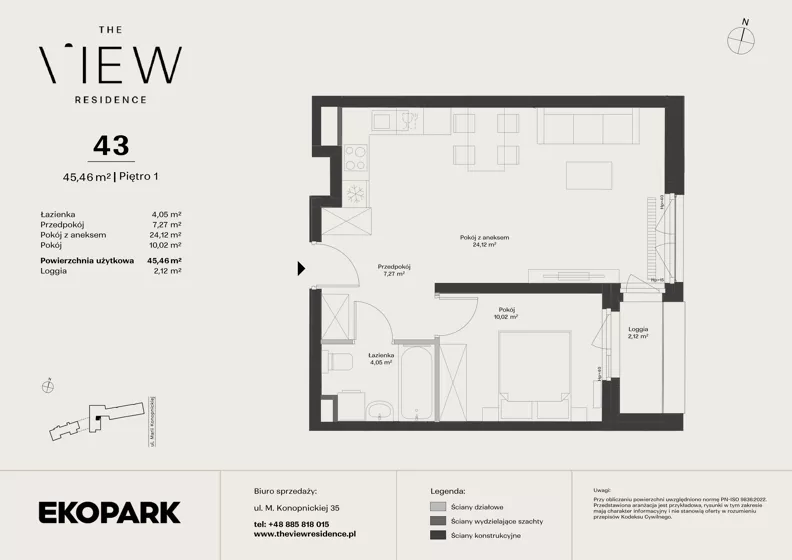 2 pokoje, mieszkanie 45,46 m², piętro 1, oferta nr 43, The View, Kraków, Dębniki, Ludwinów, ul. Marii Konopnickiej 35