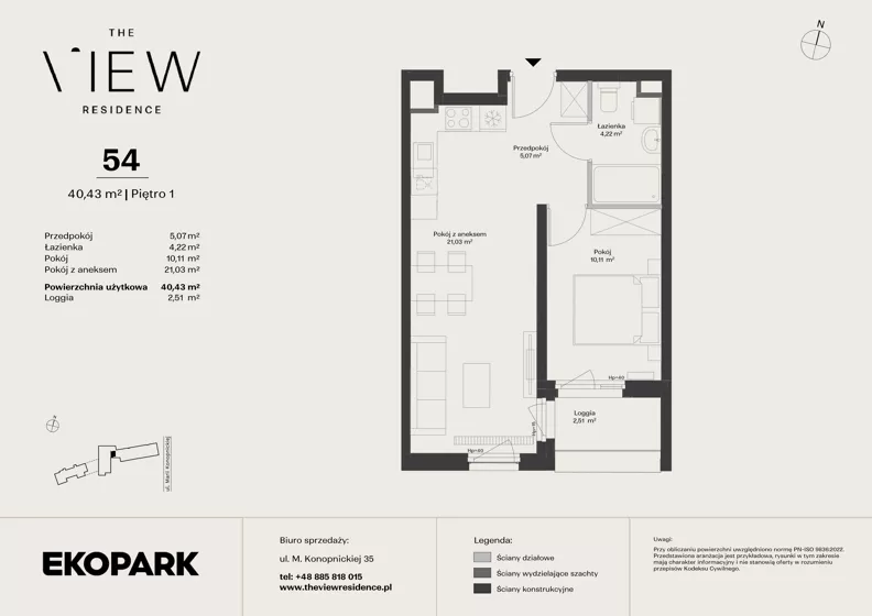 2 pokoje, mieszkanie 40,43 m², piętro 1, oferta nr 54, The View, Kraków, Dębniki, Ludwinów, ul. Marii Konopnickiej 35
