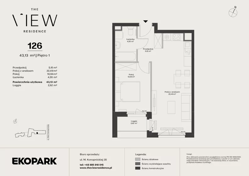 2 pokoje, mieszkanie 43,13 m², piętro 1, oferta nr 126, The View, Kraków, Dębniki, Ludwinów, ul. Marii Konopnickiej 35