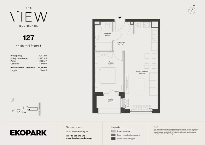 2 pokoje, mieszkanie 44,86 m², piętro 1, oferta nr 127, The View, Kraków, Dębniki, Ludwinów, ul. Marii Konopnickiej 35