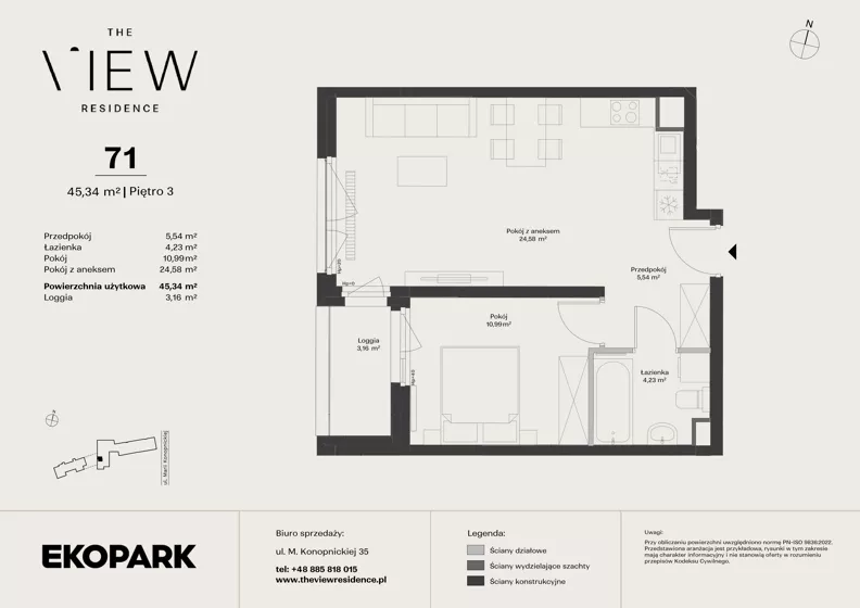 2 pokoje, mieszkanie 45,34 m², piętro 3, oferta nr 71, The View, Kraków, Dębniki, Ludwinów, ul. Marii Konopnickiej 35