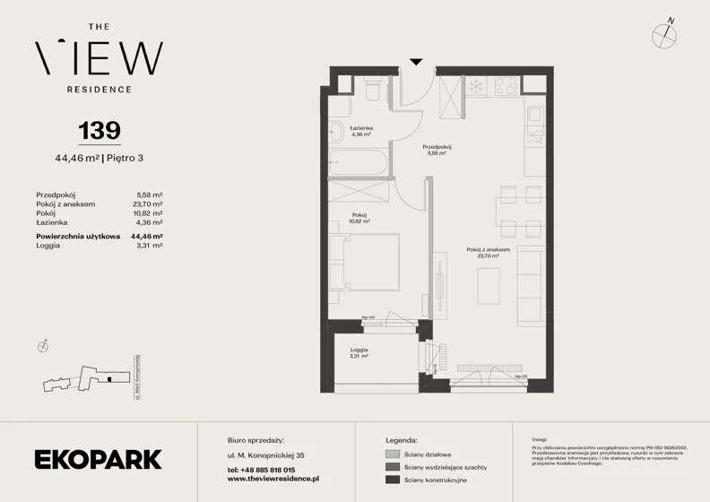 2 pokoje, mieszkanie 44,46 m², piętro 3, oferta nr 139, The View, Kraków, Dębniki, Ludwinów, ul. Marii Konopnickiej 35