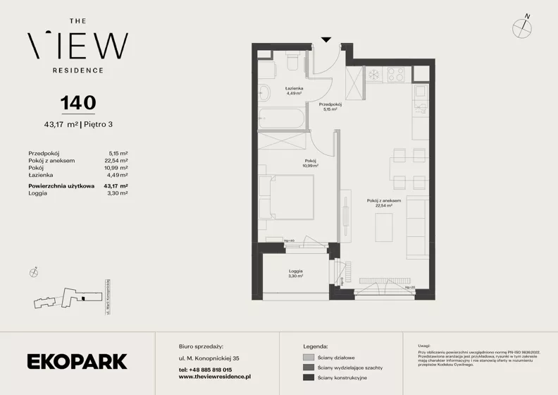 2 pokoje, mieszkanie 43,17 m², piętro 3, oferta nr 140, The View, Kraków, Dębniki, Ludwinów, ul. Marii Konopnickiej 35