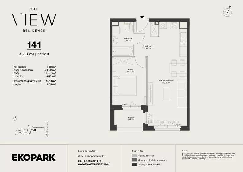 2 pokoje, mieszkanie 45,13 m², piętro 3, oferta nr 141, The View, Kraków, Dębniki, Ludwinów, ul. Marii Konopnickiej 35