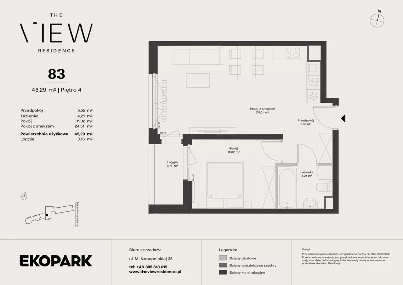 2 pokoje, mieszkanie 45,29 m², piętro 4, oferta nr 83, The View, Kraków, Dębniki, Ludwinów, ul. Marii Konopnickiej 35