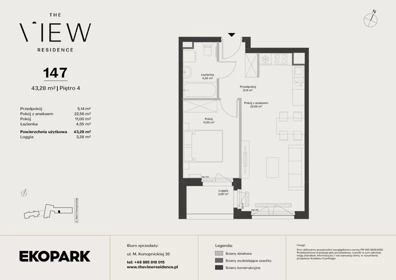 2 pokoje, mieszkanie 43,25 m², piętro 4, oferta nr 147, The View, Kraków, Dębniki, Ludwinów, ul. Marii Konopnickiej 35