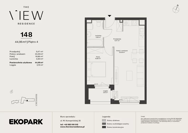2 pokoje, mieszkanie 44,95 m², piętro 4, oferta nr 148, The View, Kraków, Dębniki, Ludwinów, ul. Marii Konopnickiej 35