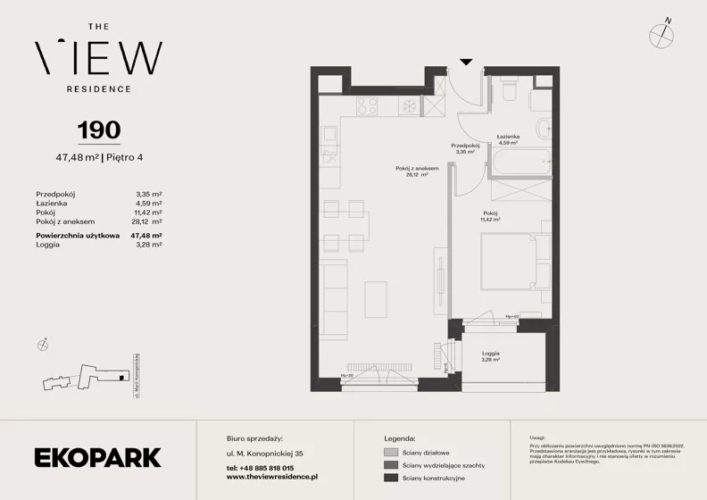 2 pokoje, mieszkanie 47,48 m², piętro 4, oferta nr 190, The View, Kraków, Dębniki, Ludwinów, ul. Marii Konopnickiej 35
