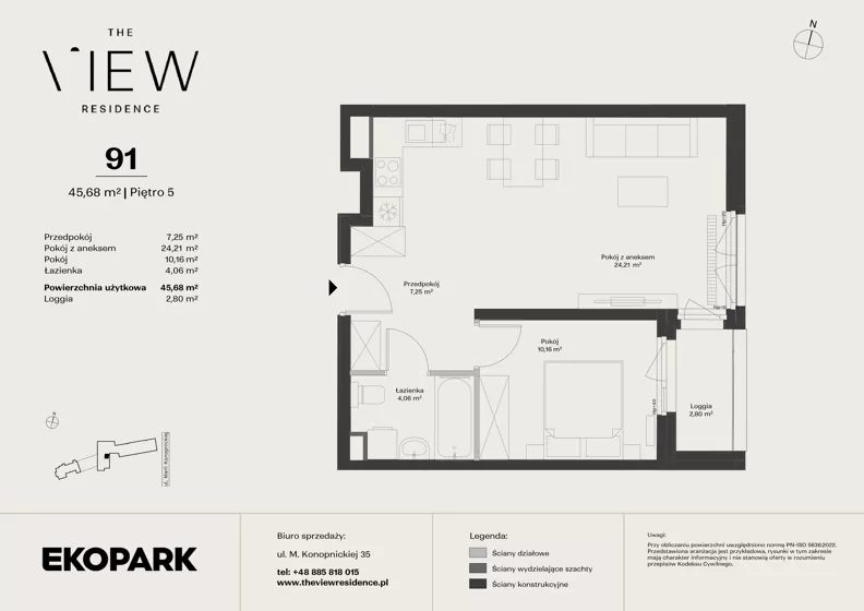 2 pokoje, mieszkanie 45,68 m², piętro 5, oferta nr 91, The View, Kraków, Dębniki, Ludwinów, ul. Marii Konopnickiej 35
