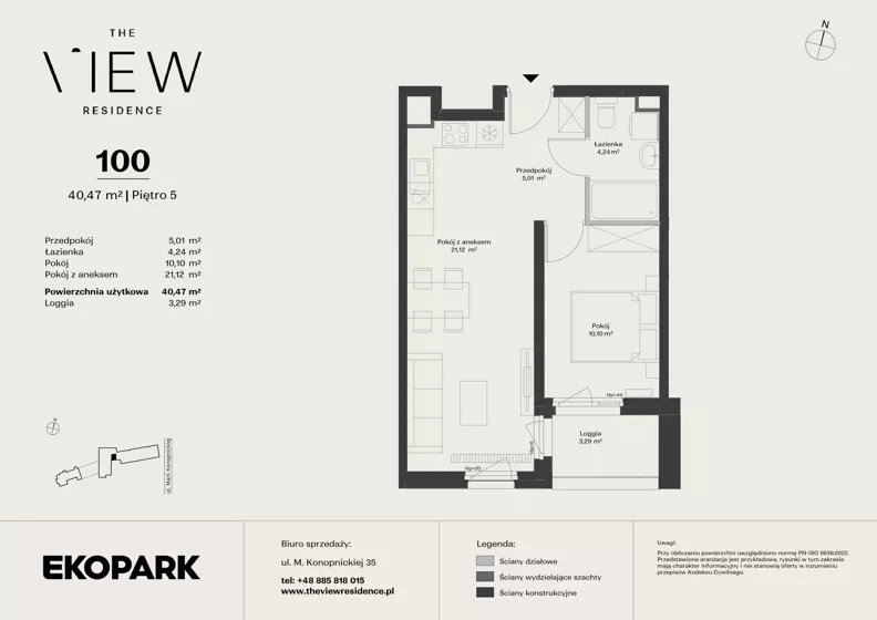 2 pokoje, mieszkanie 40,47 m², piętro 5, oferta nr 100, The View, Kraków, Dębniki, Ludwinów, ul. Marii Konopnickiej 35