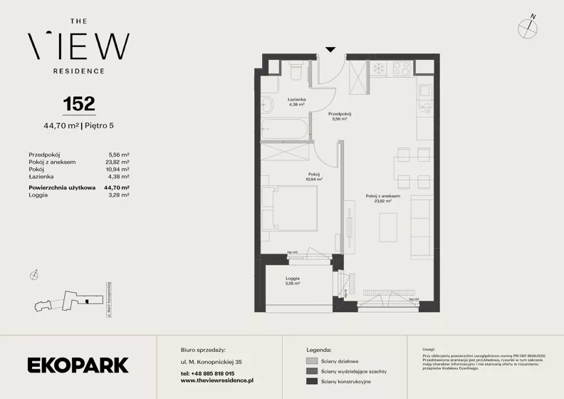 2 pokoje, mieszkanie 44,70 m², piętro 5, oferta nr 152, The View, Kraków, Dębniki, Ludwinów, ul. Marii Konopnickiej 35