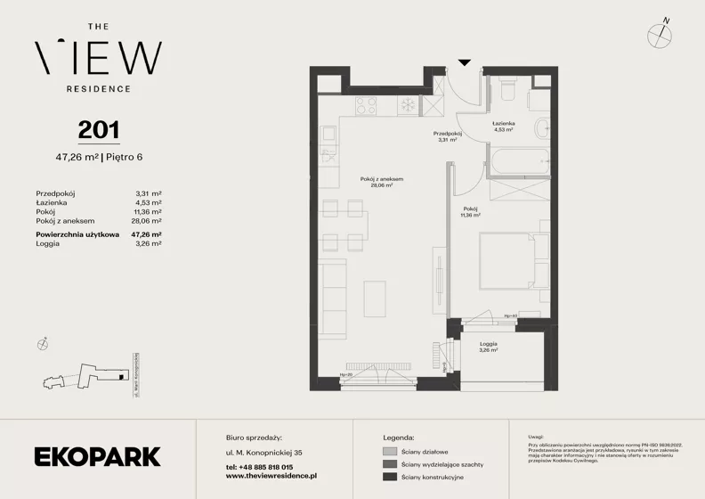 2 pokoje, mieszkanie 47,26 m², piętro 6, oferta nr 201, The View, Kraków, Dębniki, Ludwinów, ul. Marii Konopnickiej 35