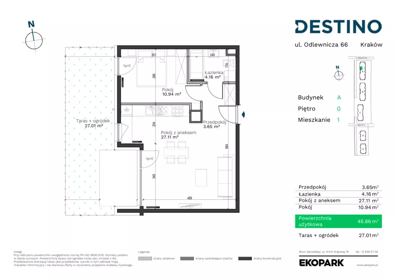 2 pokoje, mieszkanie 45,86 m², parter, oferta nr A-1, Destino, Kraków, Bronowice, Bronowice Małe, ul. Odlewnicza/Bakałarzy