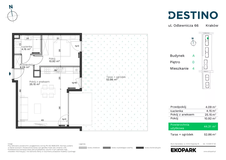 2 pokoje, mieszkanie 44,31 m², parter, oferta nr A-4, Destino, Kraków, Bronowice, Bronowice Małe, ul. Odlewnicza/Bakałarzy