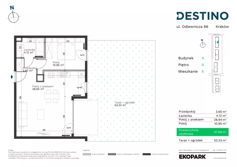 2 pokoje, mieszkanie 47,66 m², parter, oferta nr A-5, Destino, Kraków, Bronowice, Bronowice Małe, ul. Odlewnicza/Bakałarzy