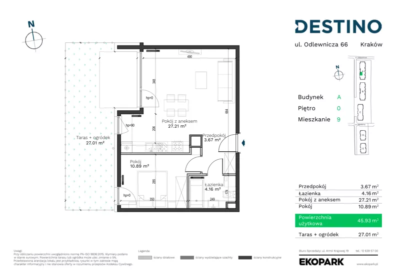 2 pokoje, mieszkanie 45,93 m², parter, oferta nr A-9, Destino, Kraków, Bronowice, Bronowice Małe, ul. Odlewnicza/Bakałarzy