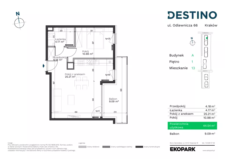 2 pokoje, mieszkanie 44,54 m², piętro 1, oferta nr A-13, Destino, Kraków, Bronowice, Bronowice Małe, ul. Odlewnicza/Bakałarzy