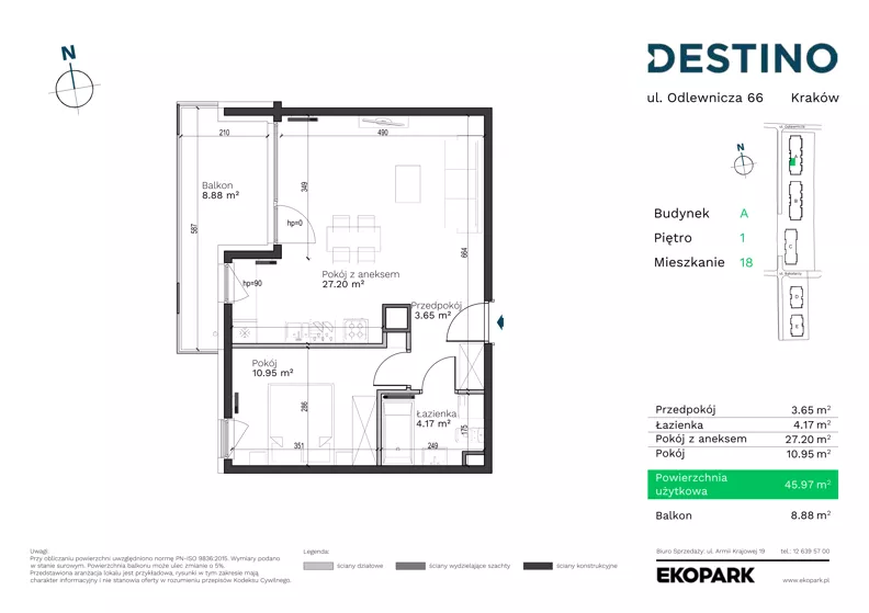 2 pokoje, mieszkanie 45,97 m², piętro 1, oferta nr A-18, Destino, Kraków, Bronowice, Bronowice Małe, ul. Odlewnicza/Bakałarzy