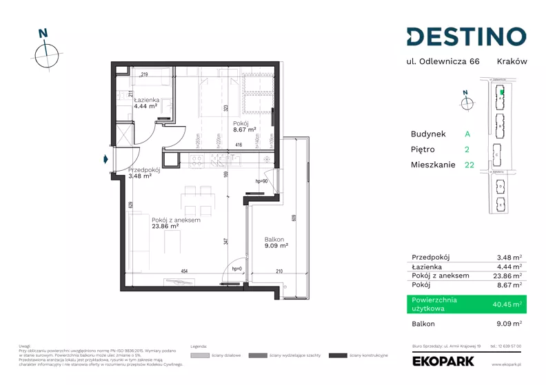 2 pokoje, mieszkanie 40,45 m², piętro 2, oferta nr A-22, Destino, Kraków, Bronowice, Bronowice Małe, ul. Odlewnicza/Bakałarzy