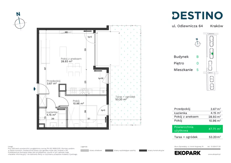 2 pokoje, mieszkanie 47,71 m², parter, oferta nr B-5, Destino, Kraków, Bronowice, Bronowice Małe, ul. Odlewnicza/Bakałarzy
